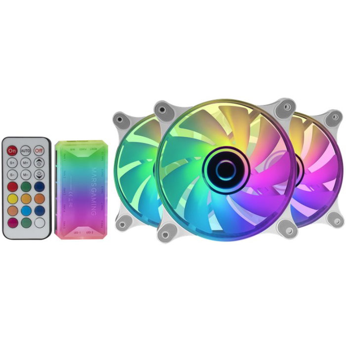 Mars Gaming Kit de 3 Ventiladores MF-3D ARGB Blanco con Espejo Infinito, HUB y Mando RF Mars Gaming Kit de 3 Ventiladores MF-3D ARGB Blanco con Espejo Infinito, HUB y Mando RF